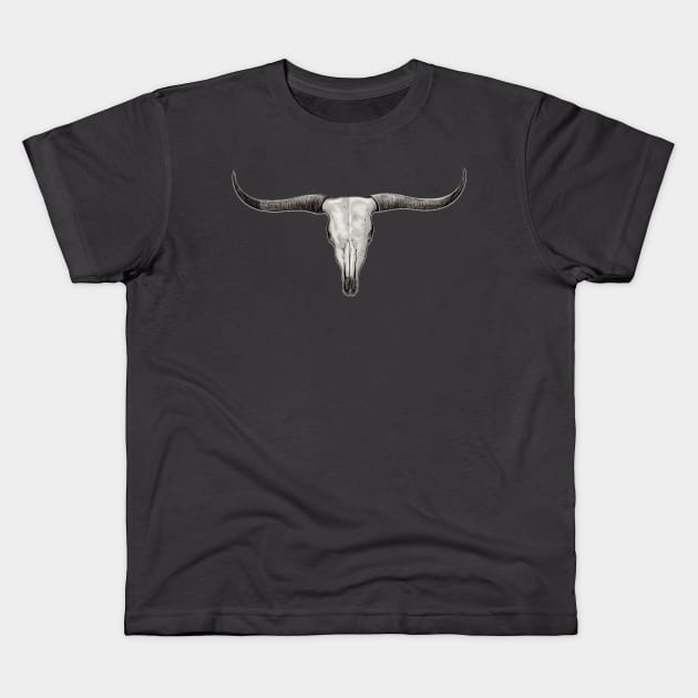 Longhorn Bull Steer Skull Ranch Barn Art Kids T-Shirt by Dual Rogue